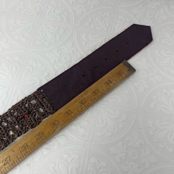 Lara Kazan Peacock Brass Buckle Belt Red Leather/Brown Crochet